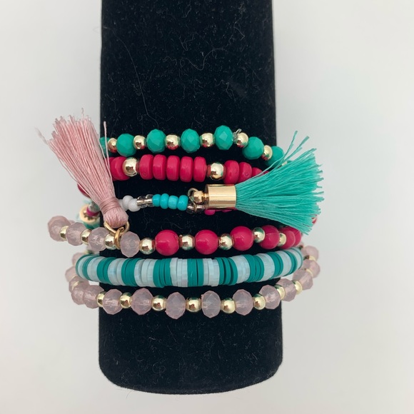 4/$25 6 Layer Bead Stretch Tassel Bracelet NEW - Picture 2 of 3